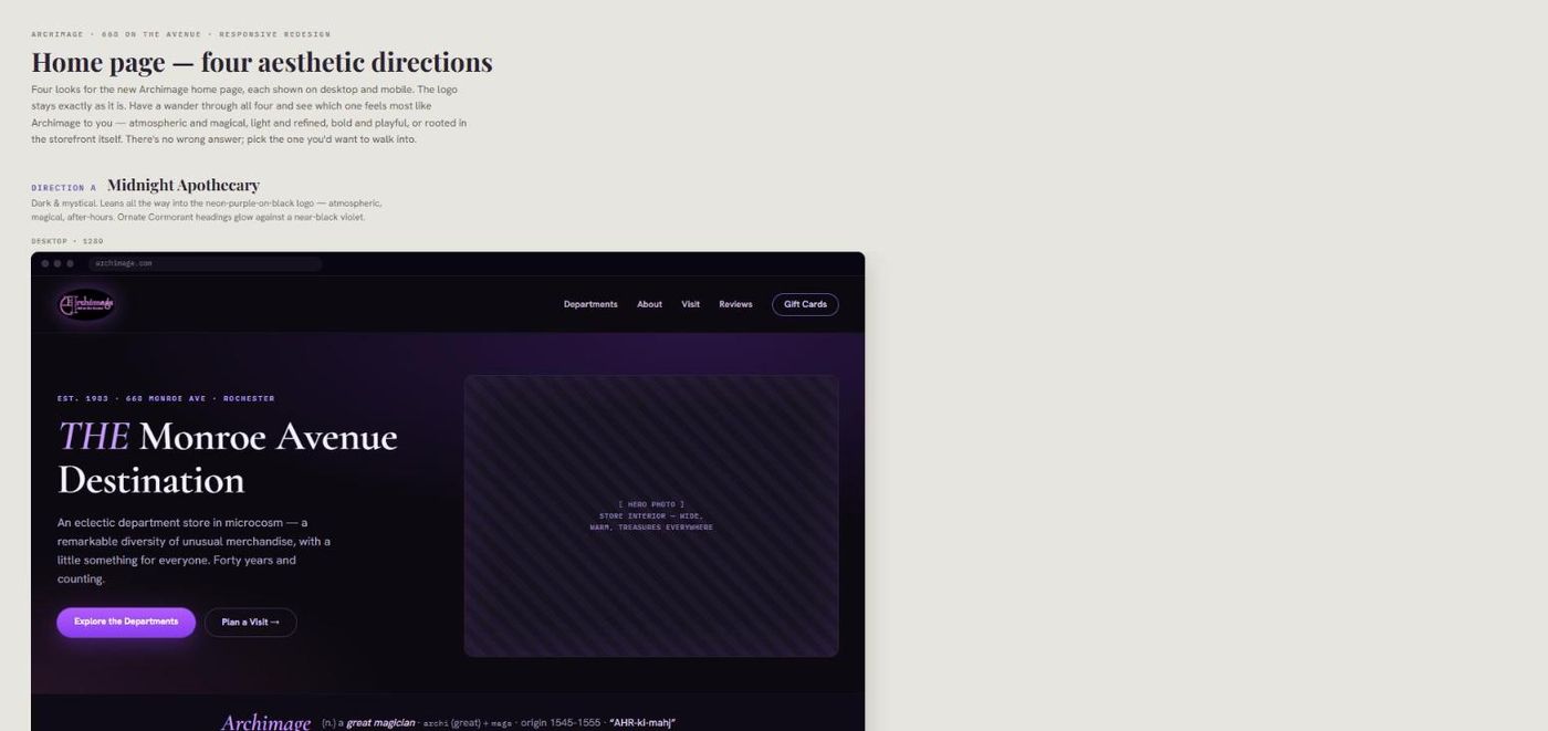 Archimage redesign — four aesthetic directions, Midnight Apothecary shown