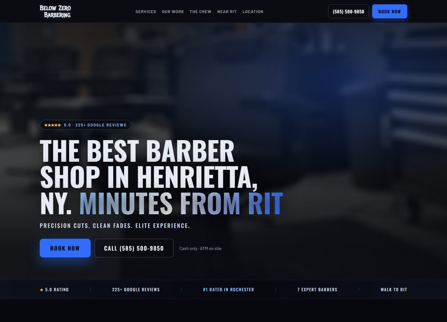 The rebuilt Below Zero site — the best barber shop in Henrietta NY, minutes from RIT, with the rating and booking above the fold