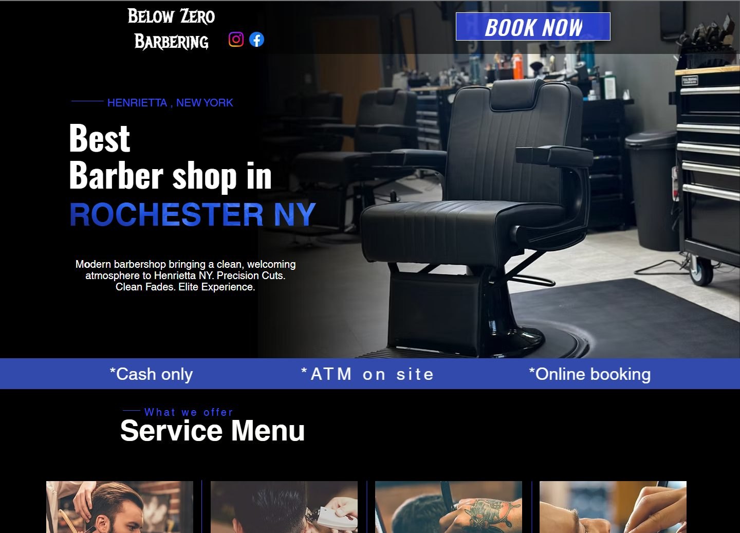 The current Below Zero Wix site — Best Barber shop in Rochester NY over a photo, with the service menu below