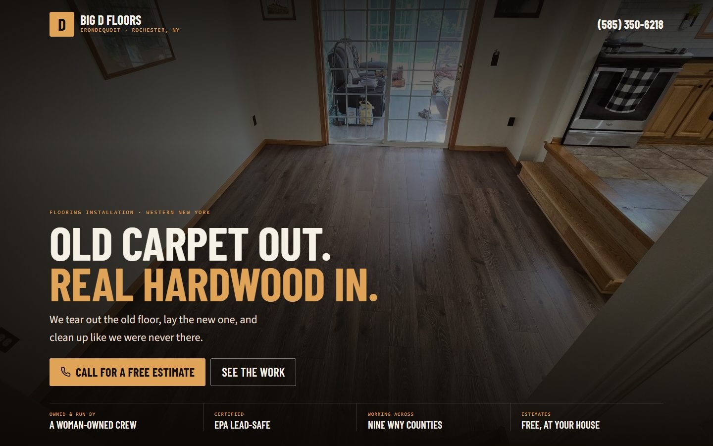 The Big D Floors build — hardwood running through a Rochester home, with the phone number and a free-estimate call above the fold