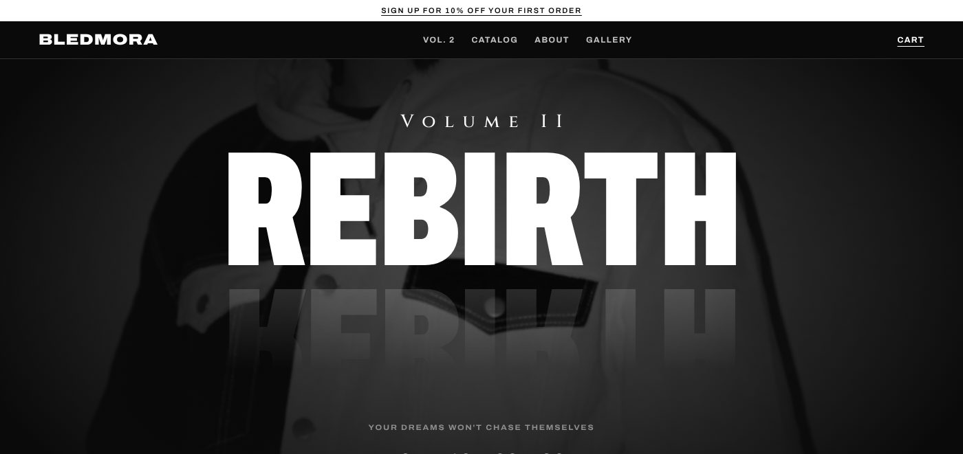 The Bledmora concept: Volume II Rebirth in giant letters over a black and white photo of the split denim jacket