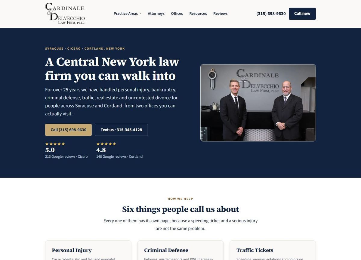 The rebuilt Cardinale & DelVecchio homepage — a Central New York law firm you can walk into, with named practice areas and review counts