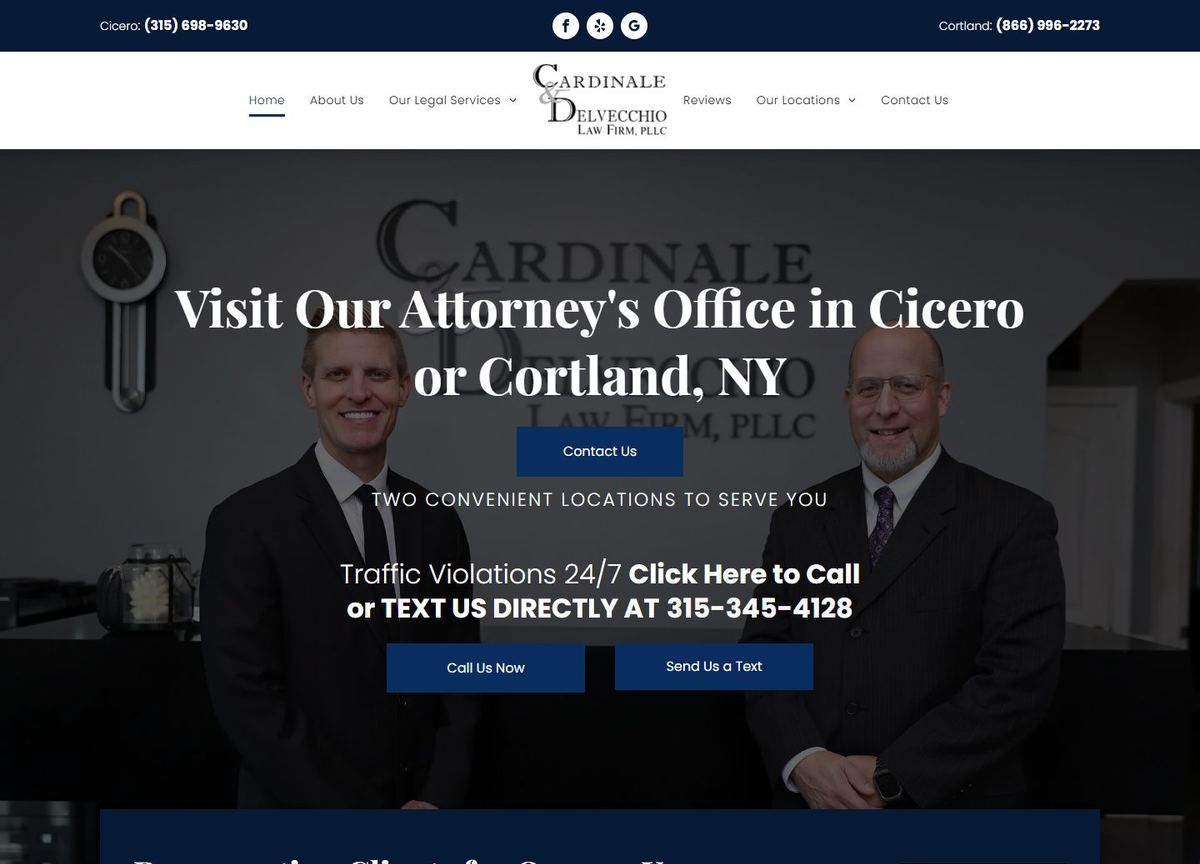 The original Cardinale & DelVecchio homepage — a headline about visiting the office, set over a dark photo of the attorneys