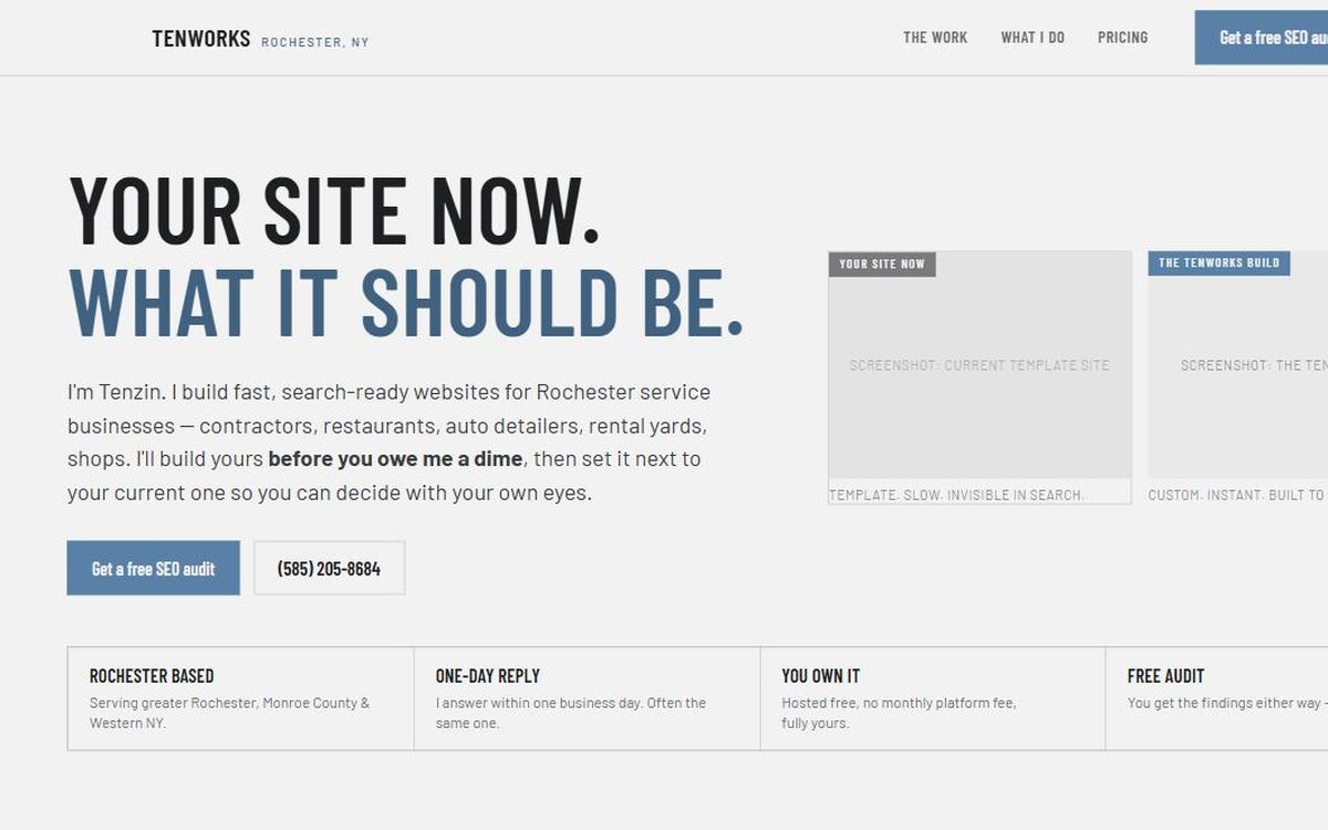 The rebuilt Tenworks site — full portfolio, pricing and an inline audit form