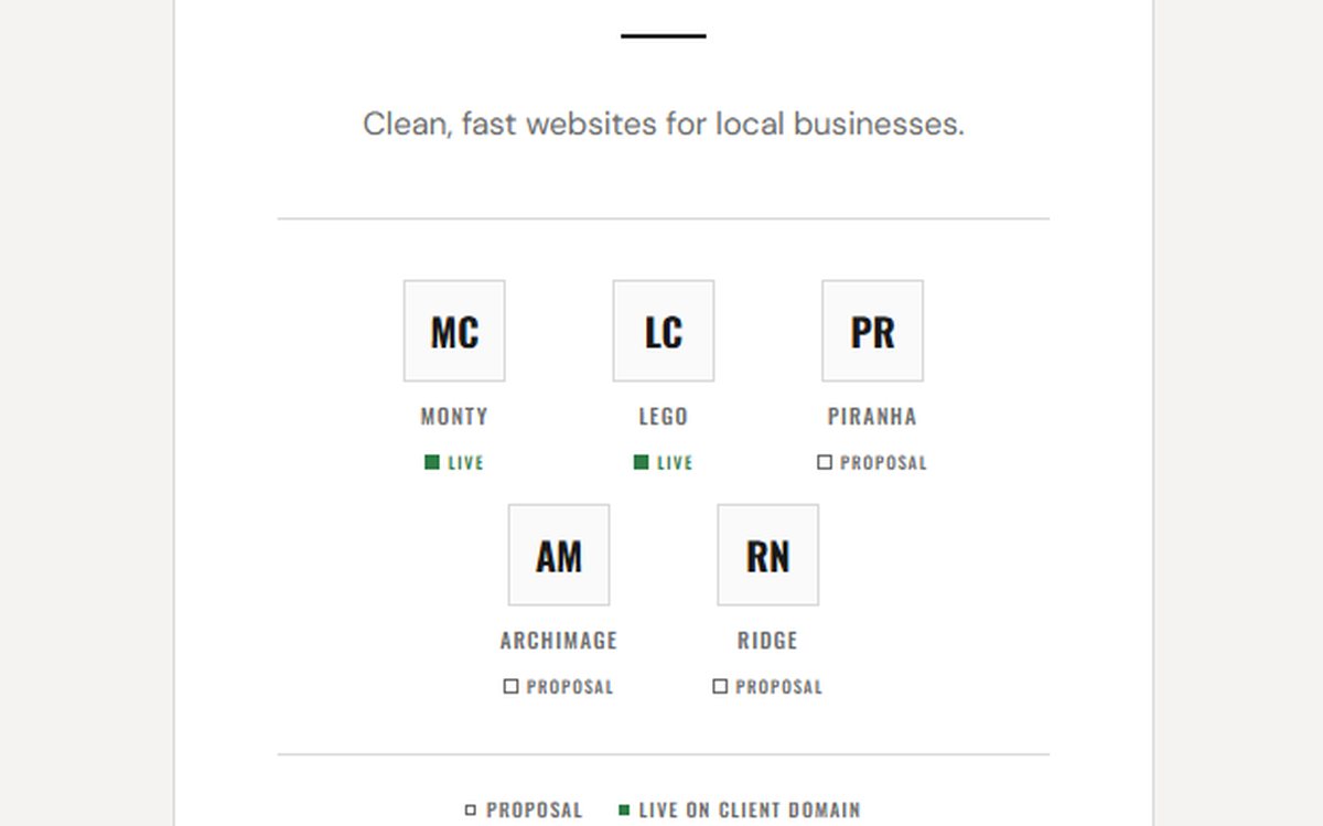 The old Tenworks site — a small white card with five client links