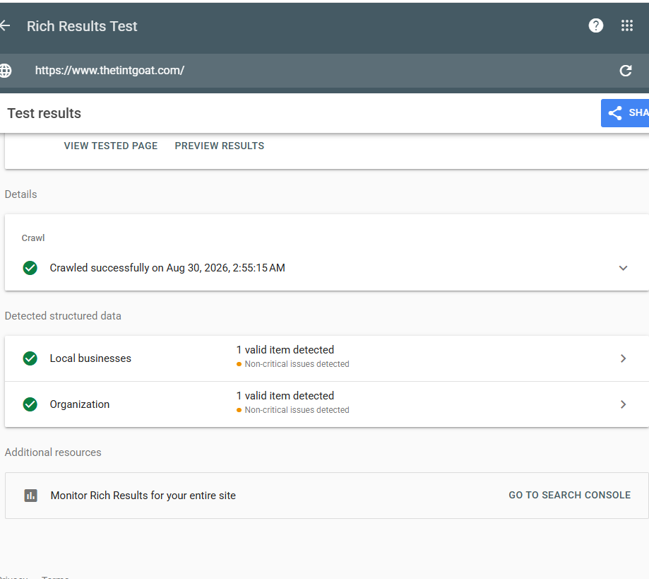 Google Rich Results Test showing thetintgoat.com crawled successfully with one valid Local businesses item and one valid Organization item, both with non-critical issues.