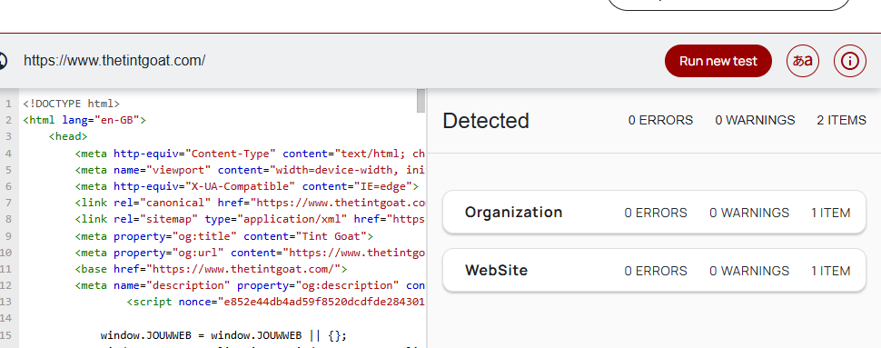 Schema.org validator showing thetintgoat.com with 0 errors, 0 warnings and two detected items: Organization and WebSite.