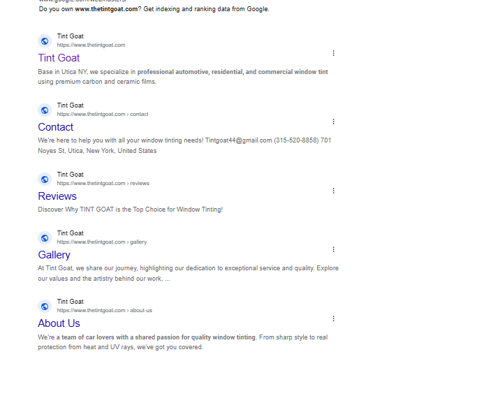 Google results listing every indexed page on thetintgoat.com: five entries titled Tint Goat, Contact, Reviews, Gallery and About Us.