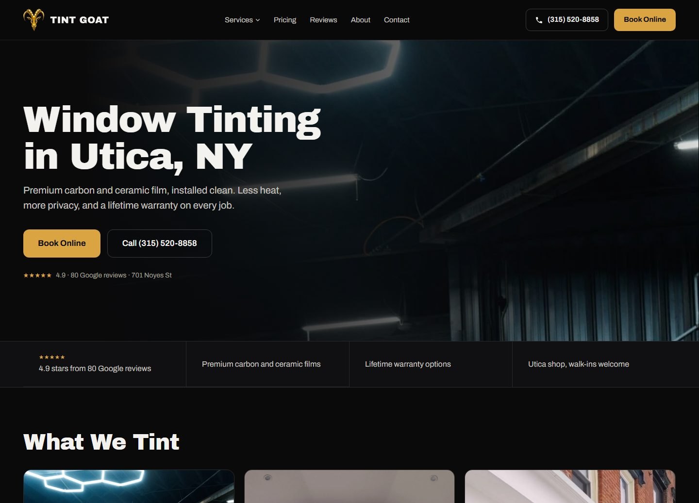 The rebuilt TintGoat homepage — Window Tinting in Utica NY, with the phone number, Book Online and the Google rating above the fold