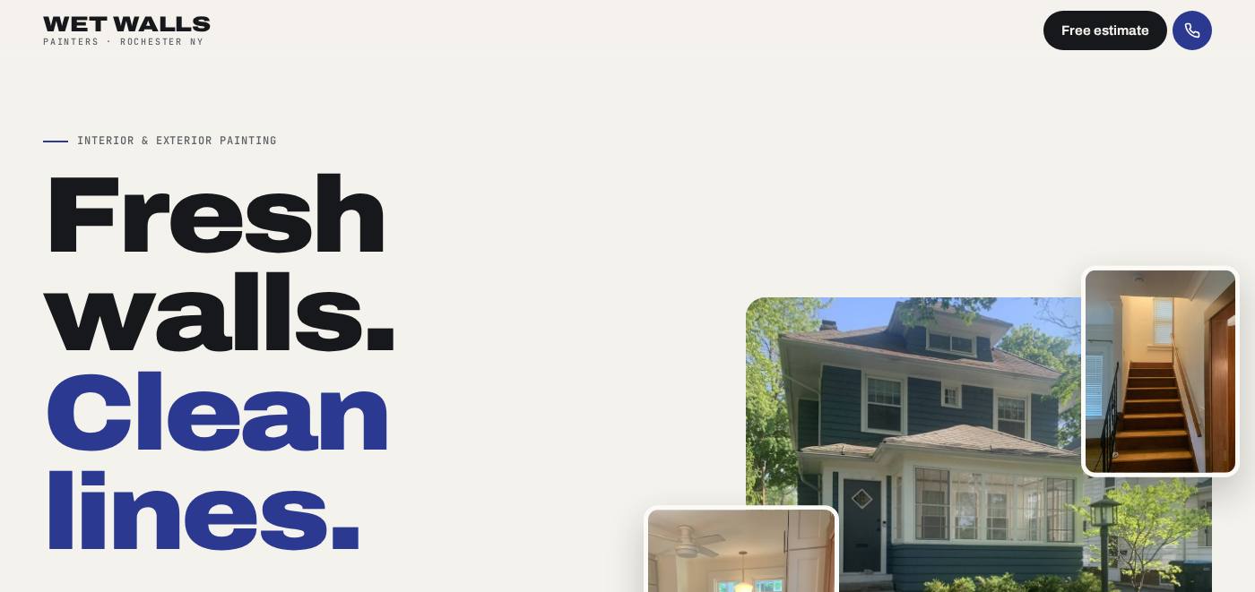 The Wet Walls Painters homepage, with the free estimate button and the crew's own job photos