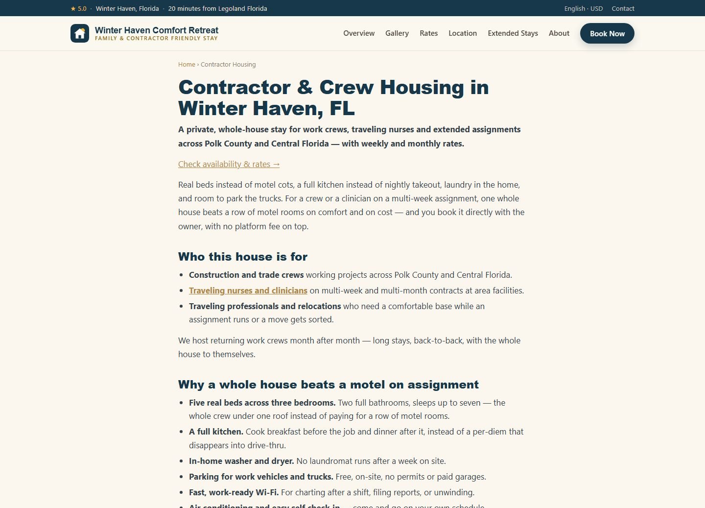 The rebuilt contractor and crew housing landing page — one of six built for the long-stay searches