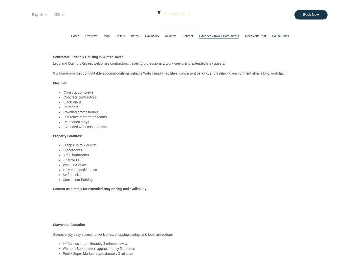 The old Extended Stays & Contractors page — unstyled paragraphs and bullet lists, no photographs, no rates, ending in ‘contact us directly’