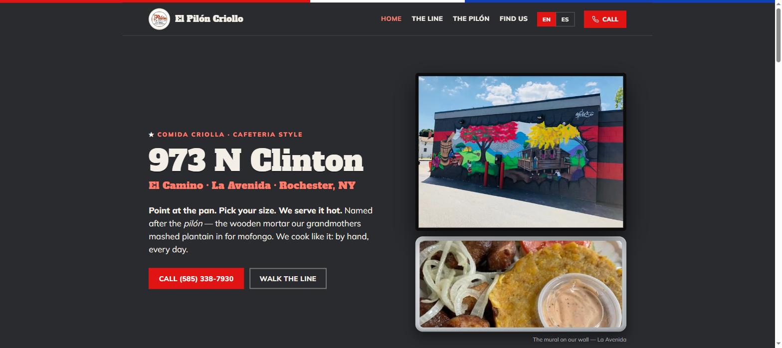 The El Pilón Criollo homepage — the address as the headline, the mural as the hero image