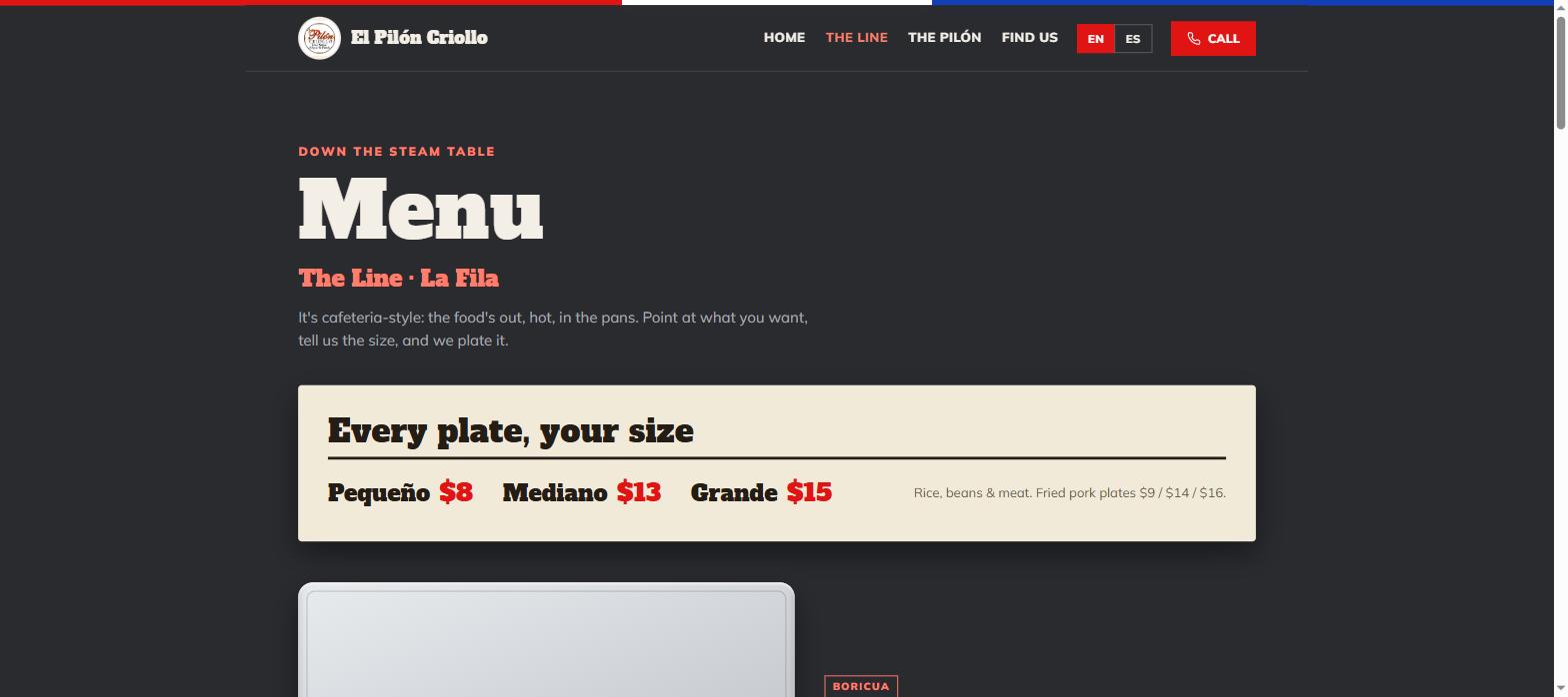 The El Pilón Criollo menu page — Every plate, your size, with pequeño, mediano and grande pricing