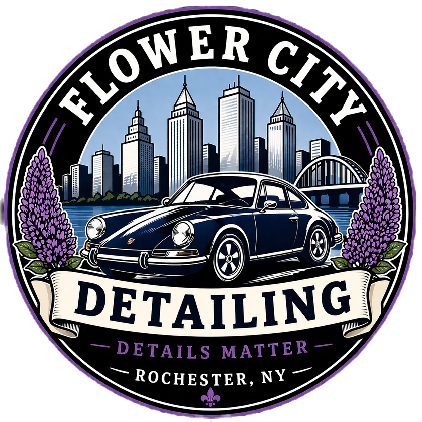 Flower City Detailing badge: a classic coupe in front of the Rochester skyline and an arched bridge, framed by lilacs, with a cream DETAILING ribbon, the words Details Matter and a fleur-de-lis