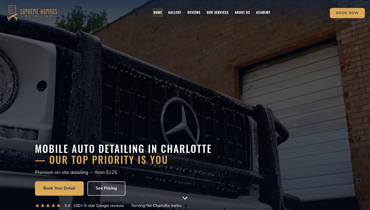 The rebuilt Supreme Nomads homepage — Mobile Auto Detailing in Charlotte, with pricing and reviews