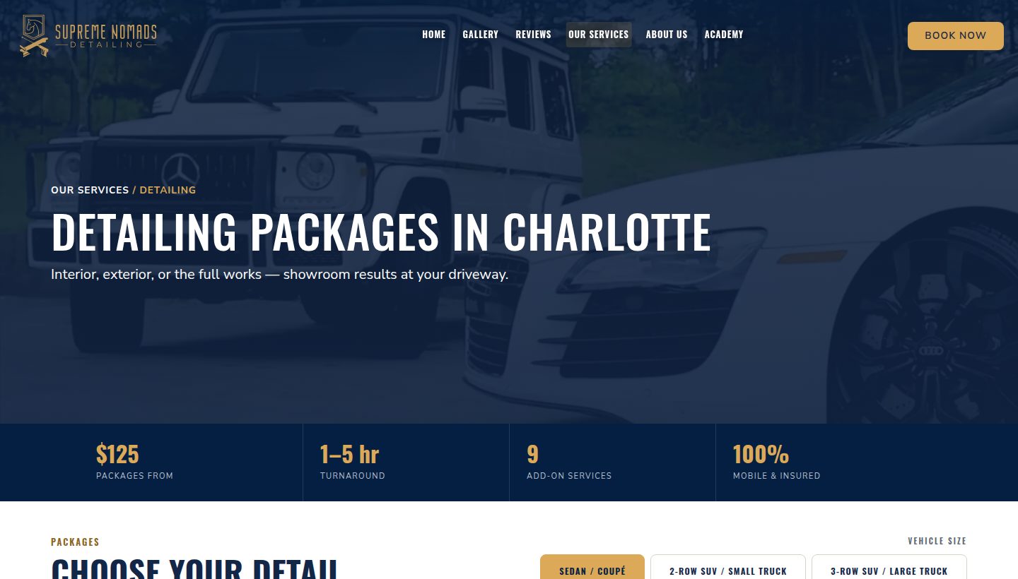 A Supreme Nomads service detail page for detailing packages