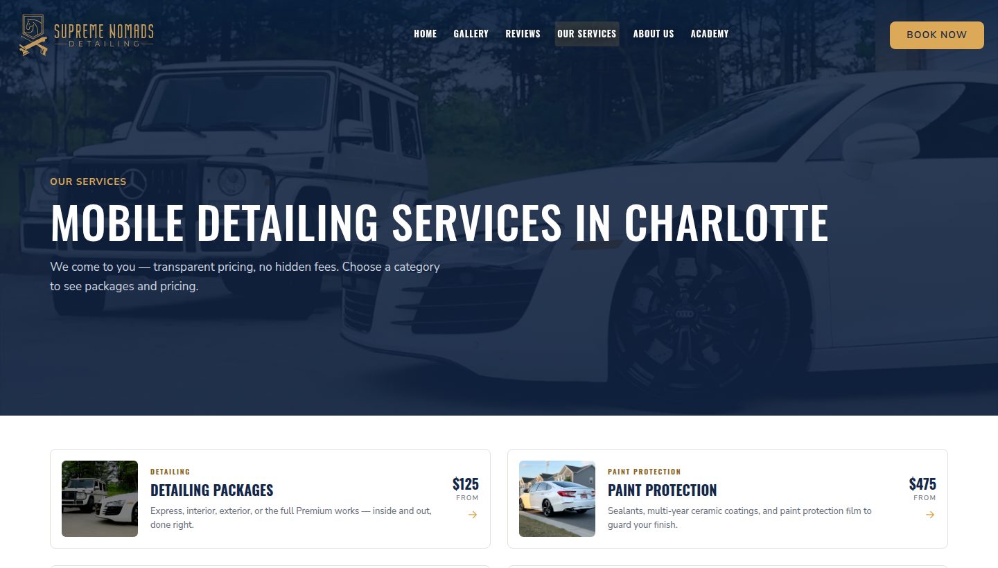 The rebuilt Supreme Nomads services page — categories with from-prices